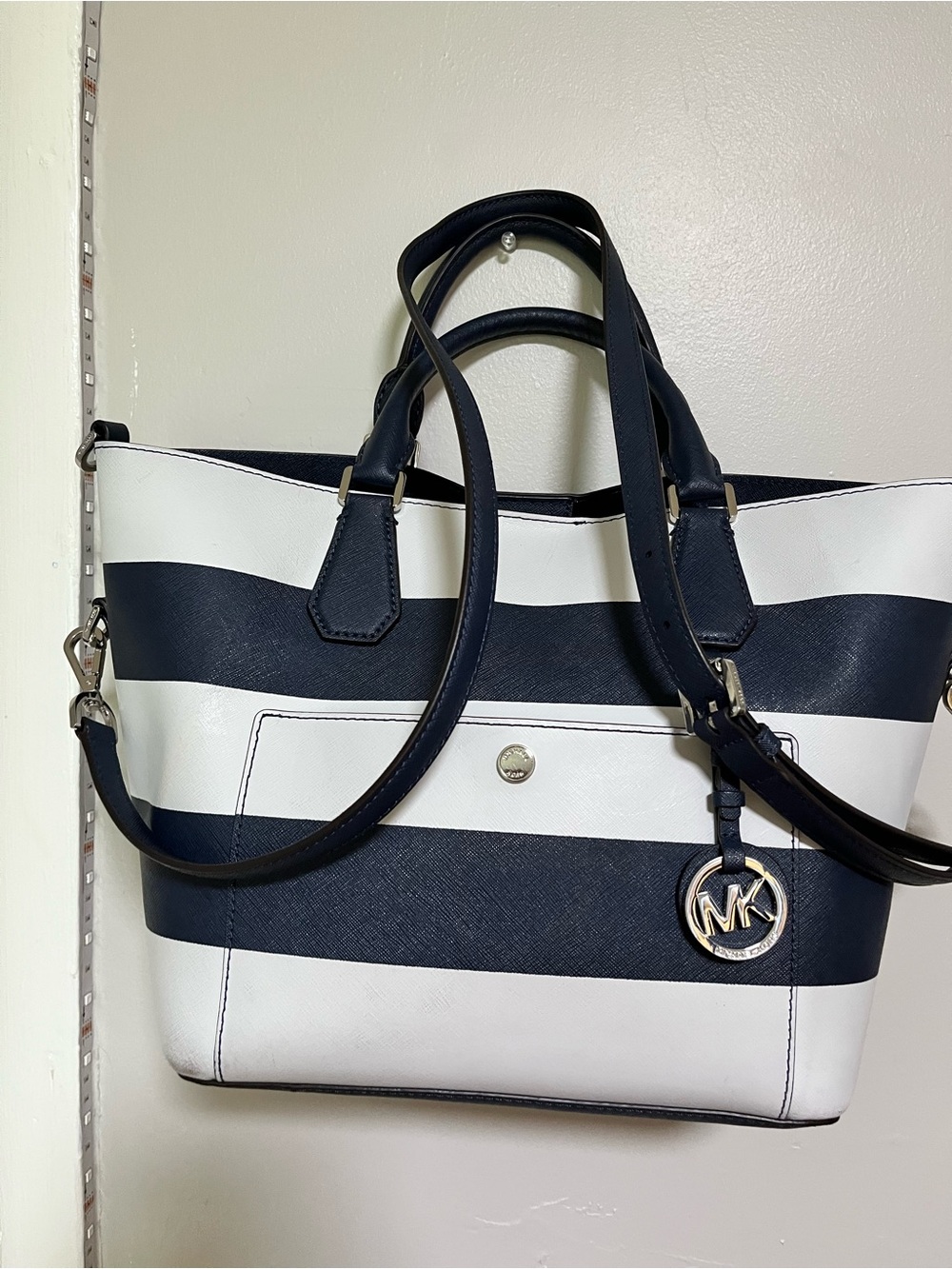 Michael Kors Black and White Striped Leather Tote with MK Charm - Picture 4 of 17